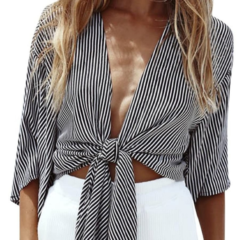 Half sleeve deep V neck tied shirt